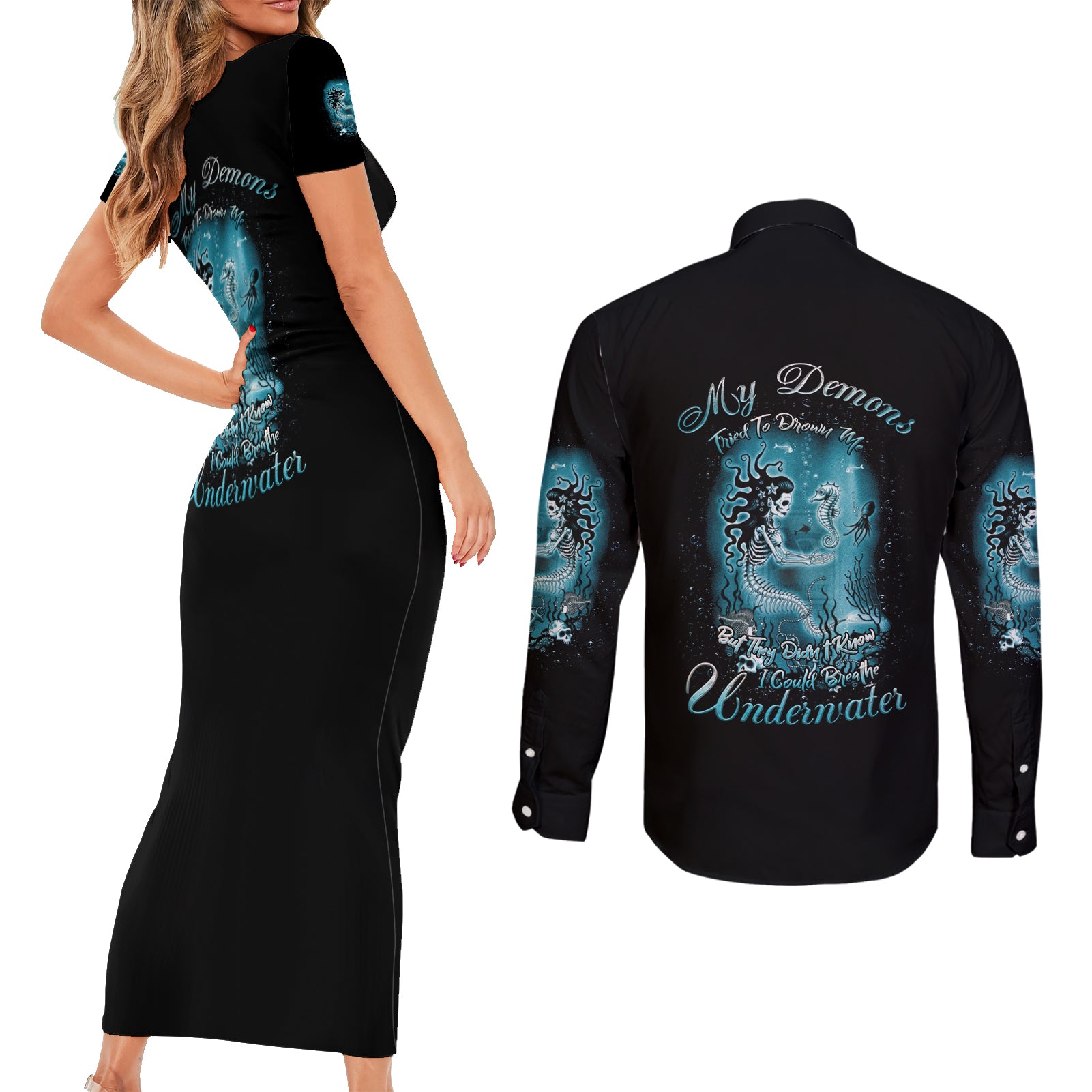 my-demons-tried-to-drown-me-mermaid-couples-matching-short-sleeve-bodycon-dress-and-long-sleeve-button-shirt