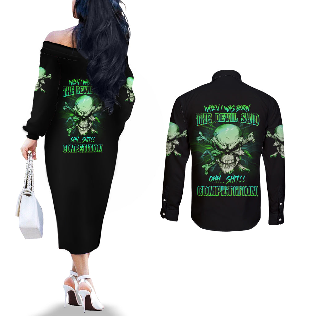 when-i-was-born-mad-skull-couples-matching-off-the-shoulder-long-sleeve-dress-and-long-sleeve-button-shirt