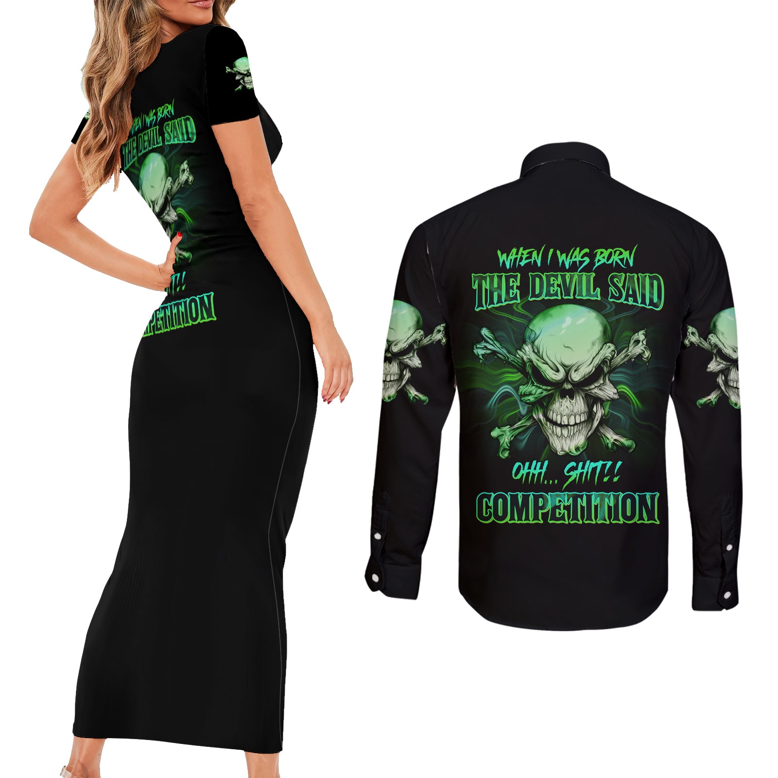 when-i-was-born-mad-skull-couples-matching-short-sleeve-bodycon-dress-and-long-sleeve-button-shirt