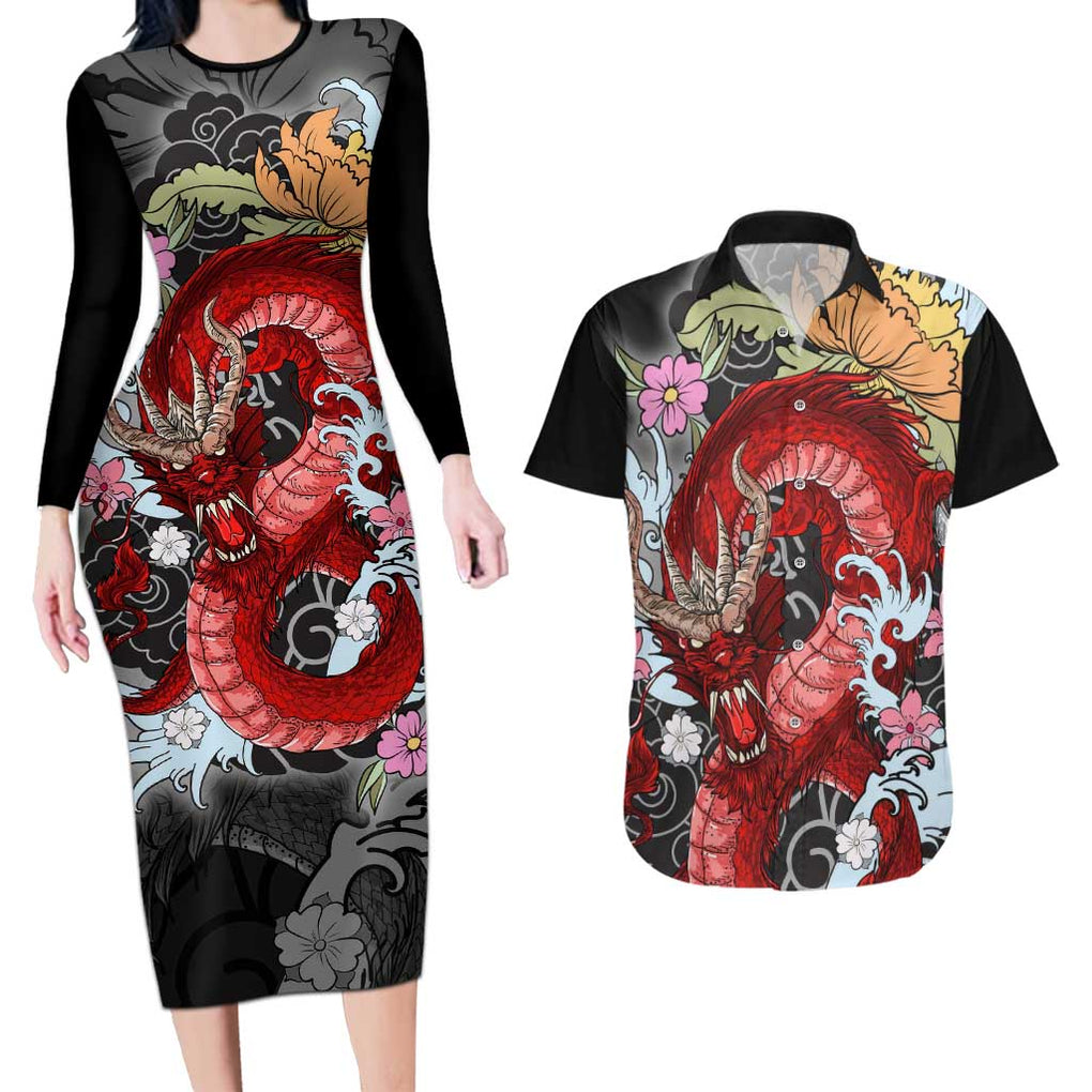 Red Dragon Couples Matching Long Sleeve Bodycon Dress and Hawaiian Shirt Japan Art Style