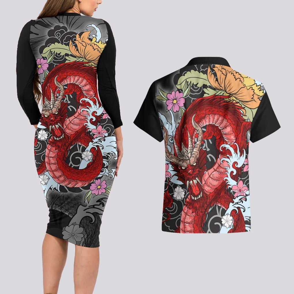 Red Dragon Couples Matching Long Sleeve Bodycon Dress and Hawaiian Shirt Japan Art Style