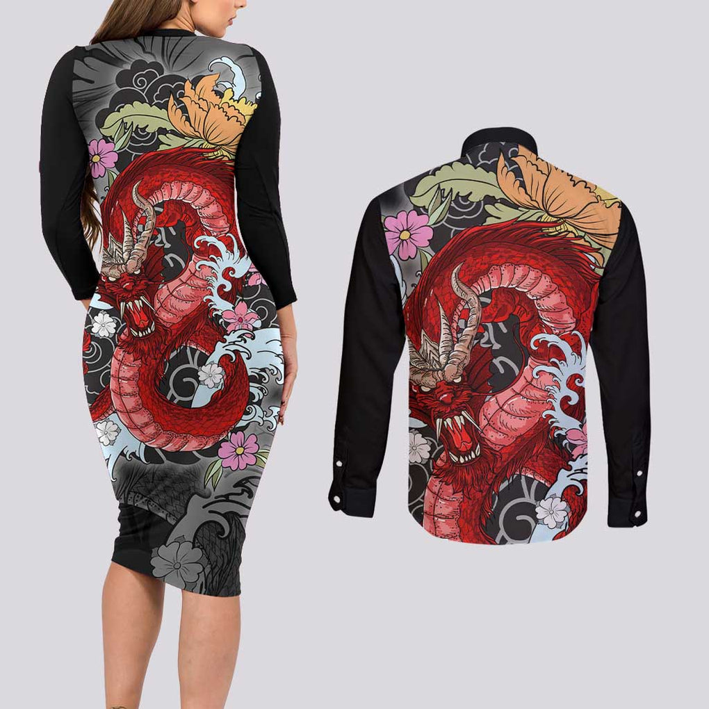 Red Dragon Couples Matching Long Sleeve Bodycon Dress and Long Sleeve Button Shirt Japan Art Style