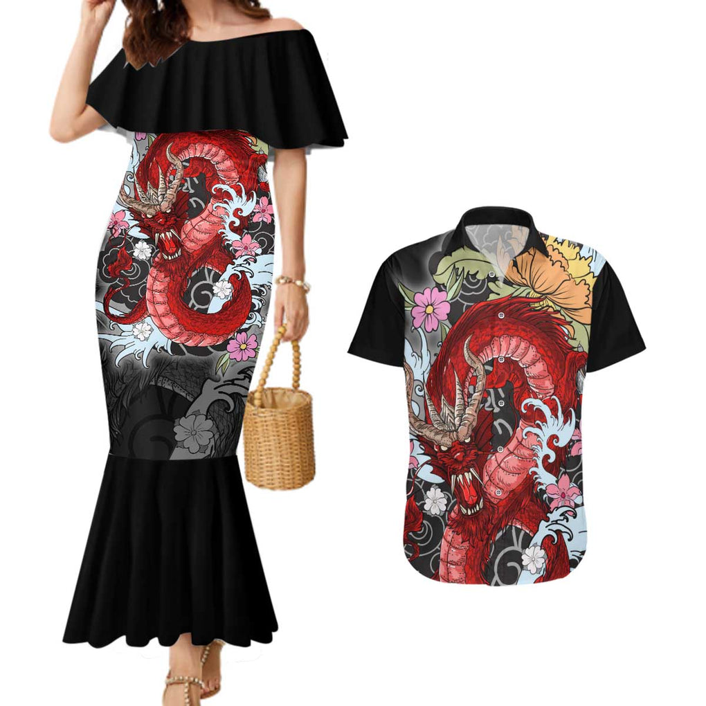 Red Dragon Couples Matching Mermaid Dress and Hawaiian Shirt Japan Art Style
