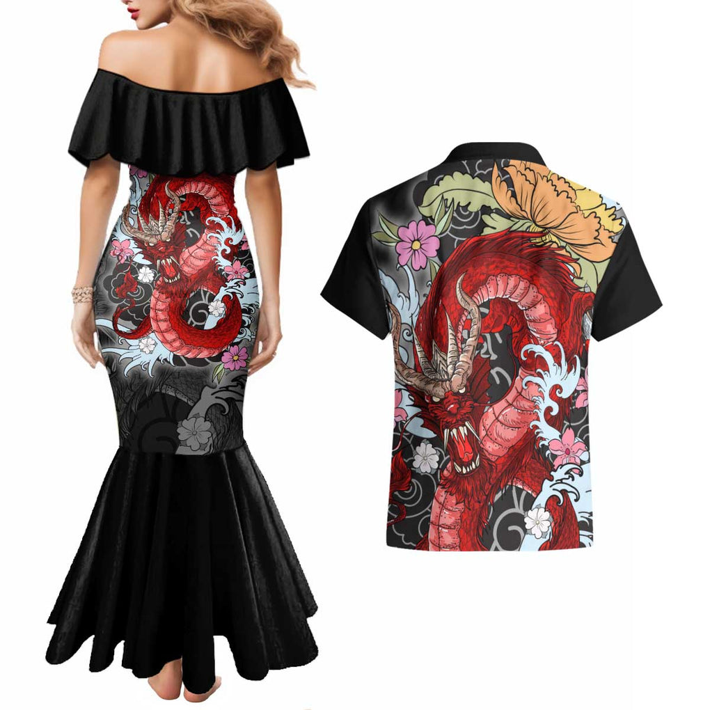 Red Dragon Couples Matching Mermaid Dress and Hawaiian Shirt Japan Art Style