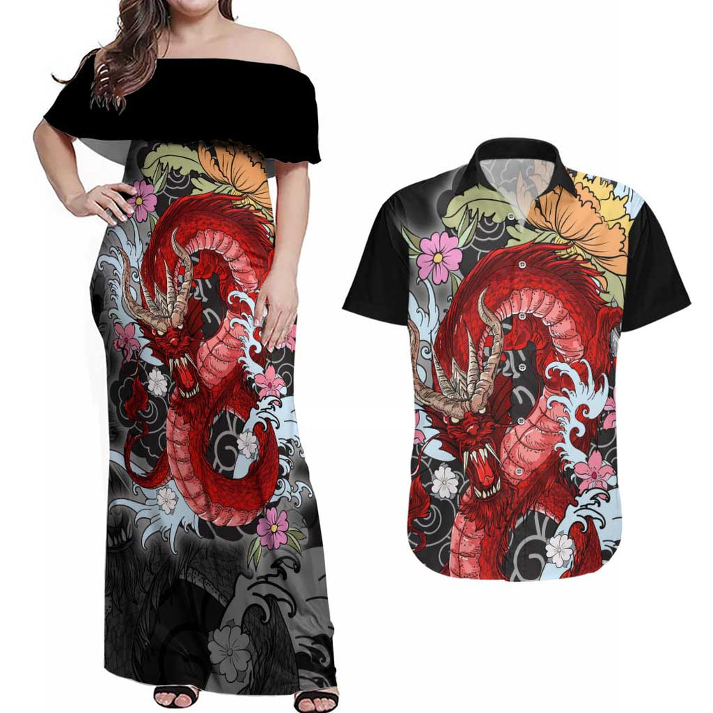 Red Dragon Couples Matching Off Shoulder Maxi Dress and Hawaiian Shirt Japan Art Style