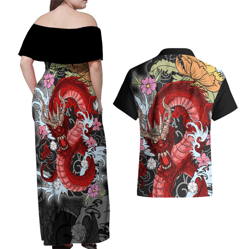 Red Dragon Couples Matching Off Shoulder Maxi Dress and Hawaiian Shirt Japan Art Style