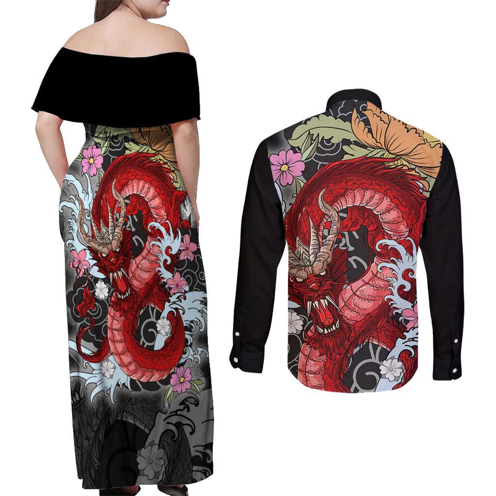 Red Dragon Couples Matching Off Shoulder Maxi Dress and Long Sleeve Button Shirt Japan Art Style