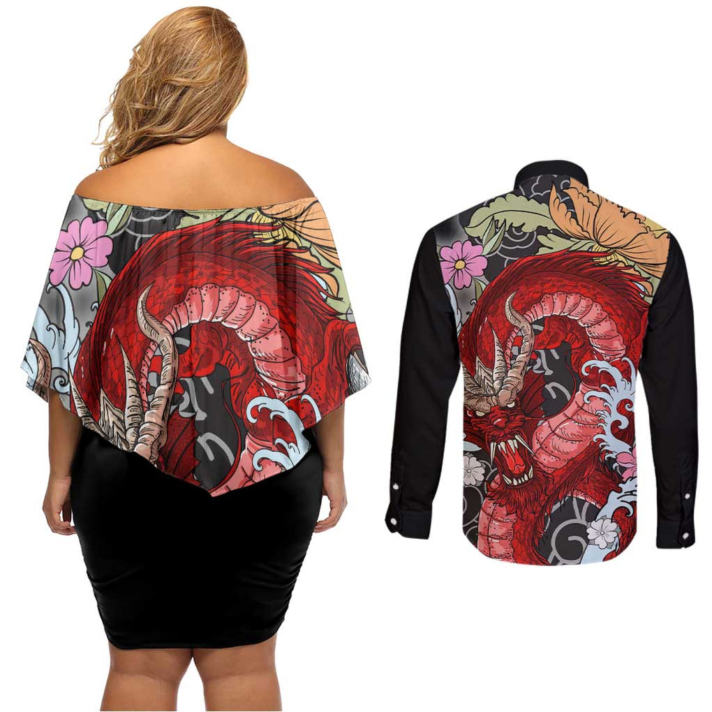 Red Dragon Couples Matching Off Shoulder Short Dress and Long Sleeve Button Shirt Japan Art Style