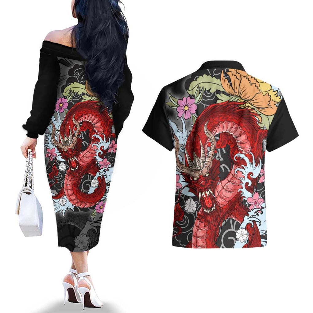 Red Dragon Couples Matching Off The Shoulder Long Sleeve Dress and Hawaiian Shirt Japan Art Style