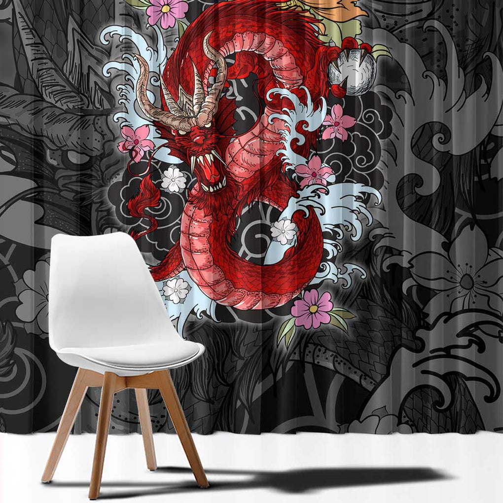 Red Dragon Window Curtain Japan Art Style