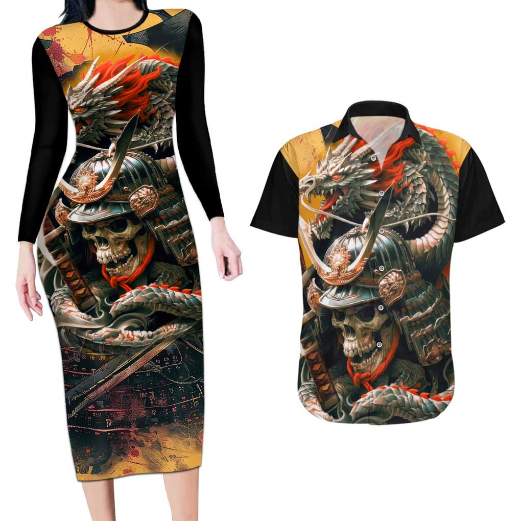 Samurai Yakuza Couples Matching Long Sleeve Bodycon Dress and Hawaiian Shirt Japan Art Style
