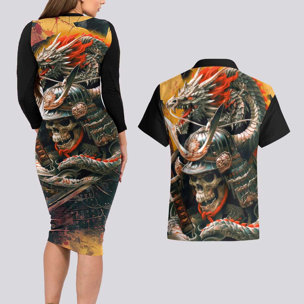 Samurai Yakuza Couples Matching Long Sleeve Bodycon Dress and Hawaiian Shirt Japan Art Style