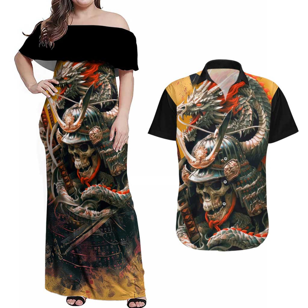 Samurai Yakuza Couples Matching Off Shoulder Maxi Dress and Hawaiian Shirt Japan Art Style