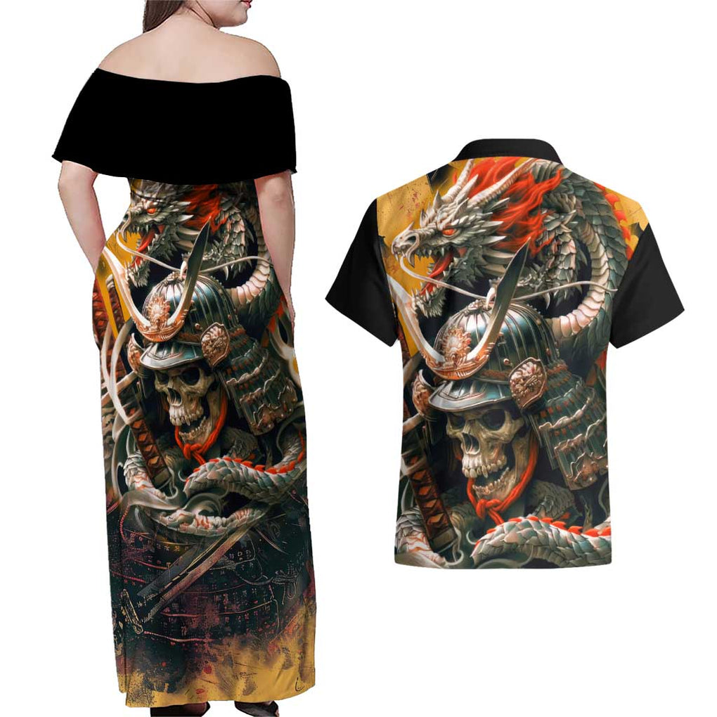 Samurai Yakuza Couples Matching Off Shoulder Maxi Dress and Hawaiian Shirt Japan Art Style