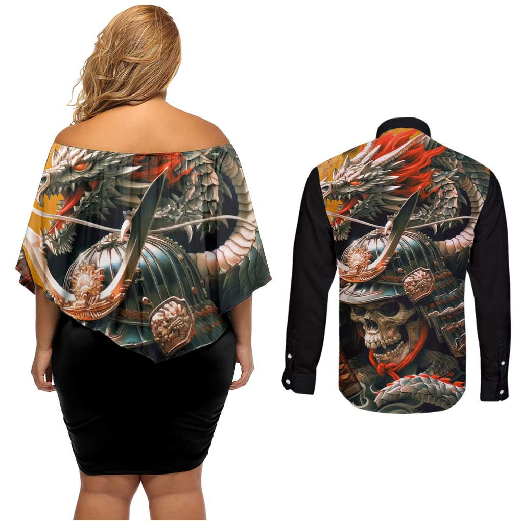 Samurai Yakuza Couples Matching Off Shoulder Short Dress and Long Sleeve Button Shirt Japan Art Style