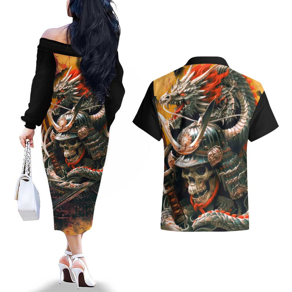 Samurai Yakuza Couples Matching Off The Shoulder Long Sleeve Dress and Hawaiian Shirt Japan Art Style