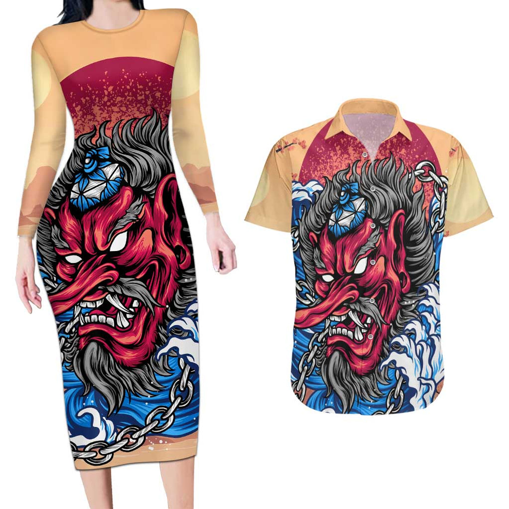 Tengu Couples Matching Long Sleeve Bodycon Dress and Hawaiian Shirt Japan Art Style