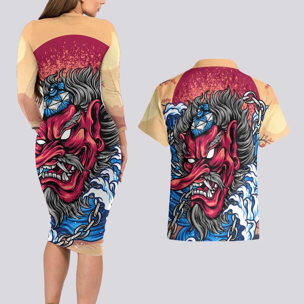 Tengu Couples Matching Long Sleeve Bodycon Dress and Hawaiian Shirt Japan Art Style