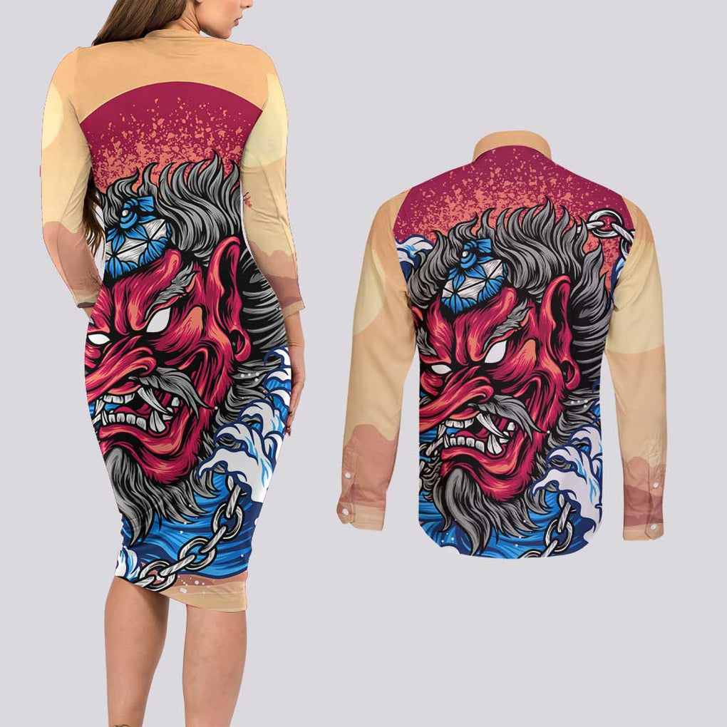Tengu Couples Matching Long Sleeve Bodycon Dress and Long Sleeve Button Shirt Japan Art Style