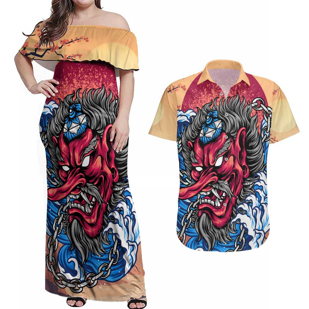 Tengu Couples Matching Off Shoulder Maxi Dress and Hawaiian Shirt Japan Art Style