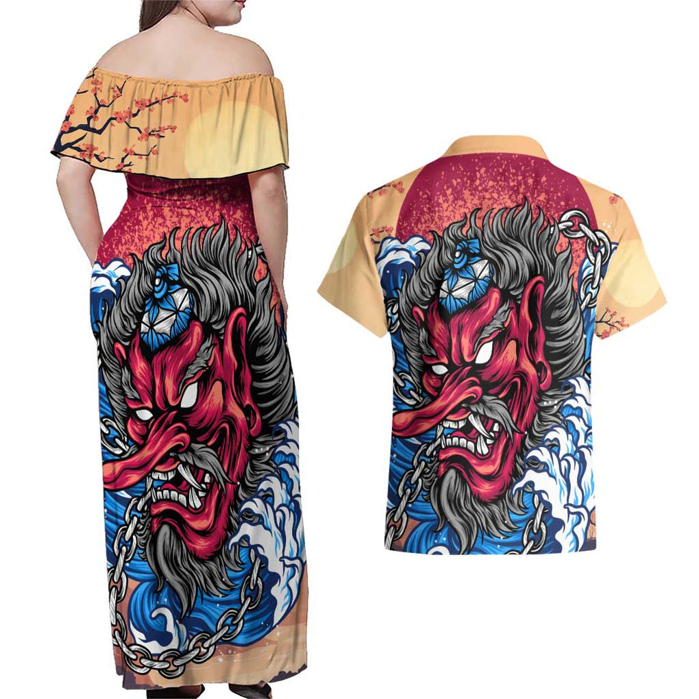 Tengu Couples Matching Off Shoulder Maxi Dress and Hawaiian Shirt Japan Art Style