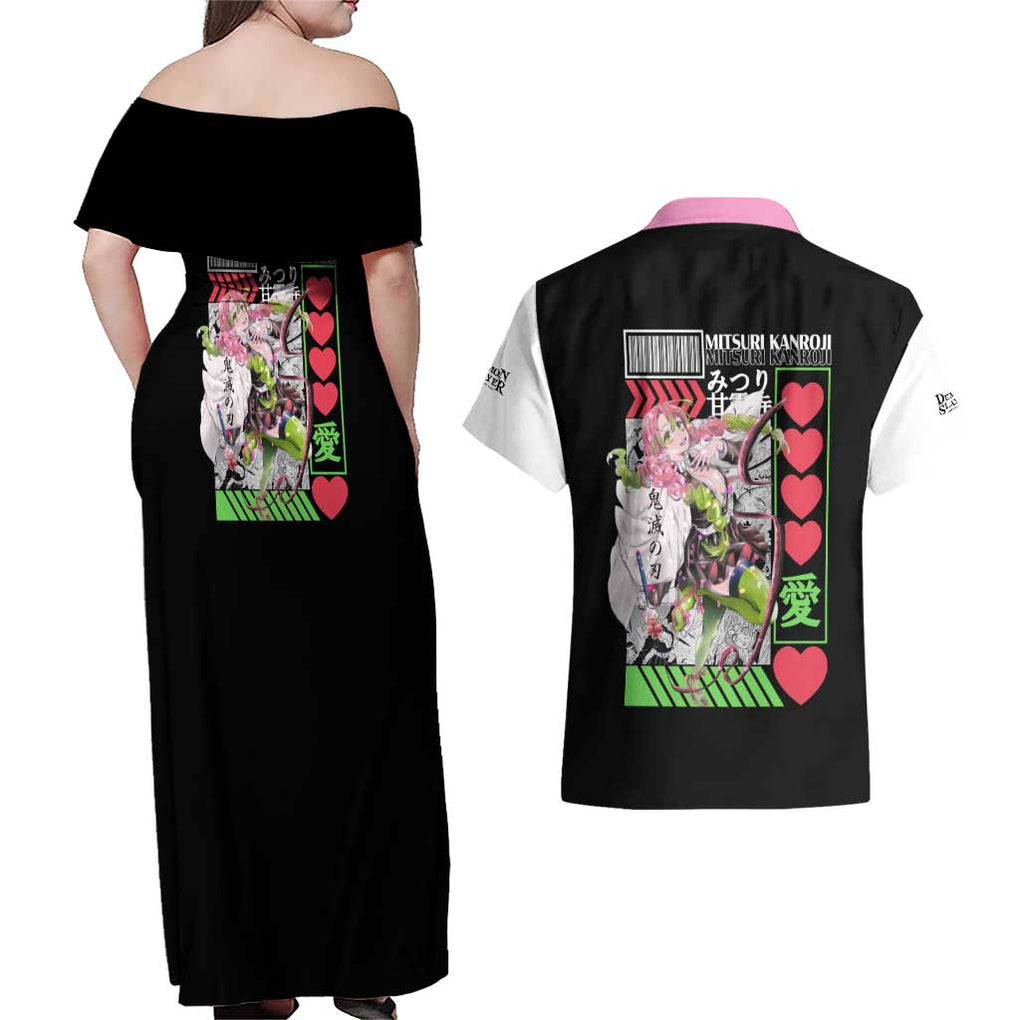 Mitsuri Kanroji - Kimesu No Yaiba Couples Matching Off Shoulder Maxi Dress and Hawaiian Shirt Anime Style