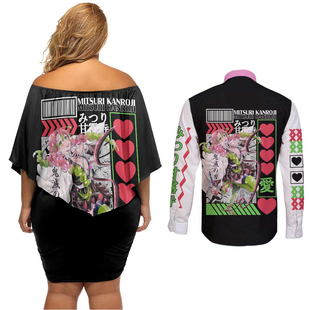 Mitsuri Kanroji - Kimesu No Yaiba Couples Matching Off Shoulder Short Dress and Long Sleeve Button Shirt Anime Style