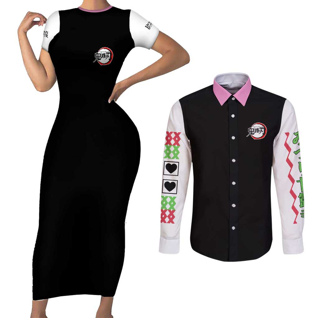 Mitsuri Kanroji - Kimesu No Yaiba Couples Matching Short Sleeve Bodycon Dress and Long Sleeve Button Shirt Anime Style