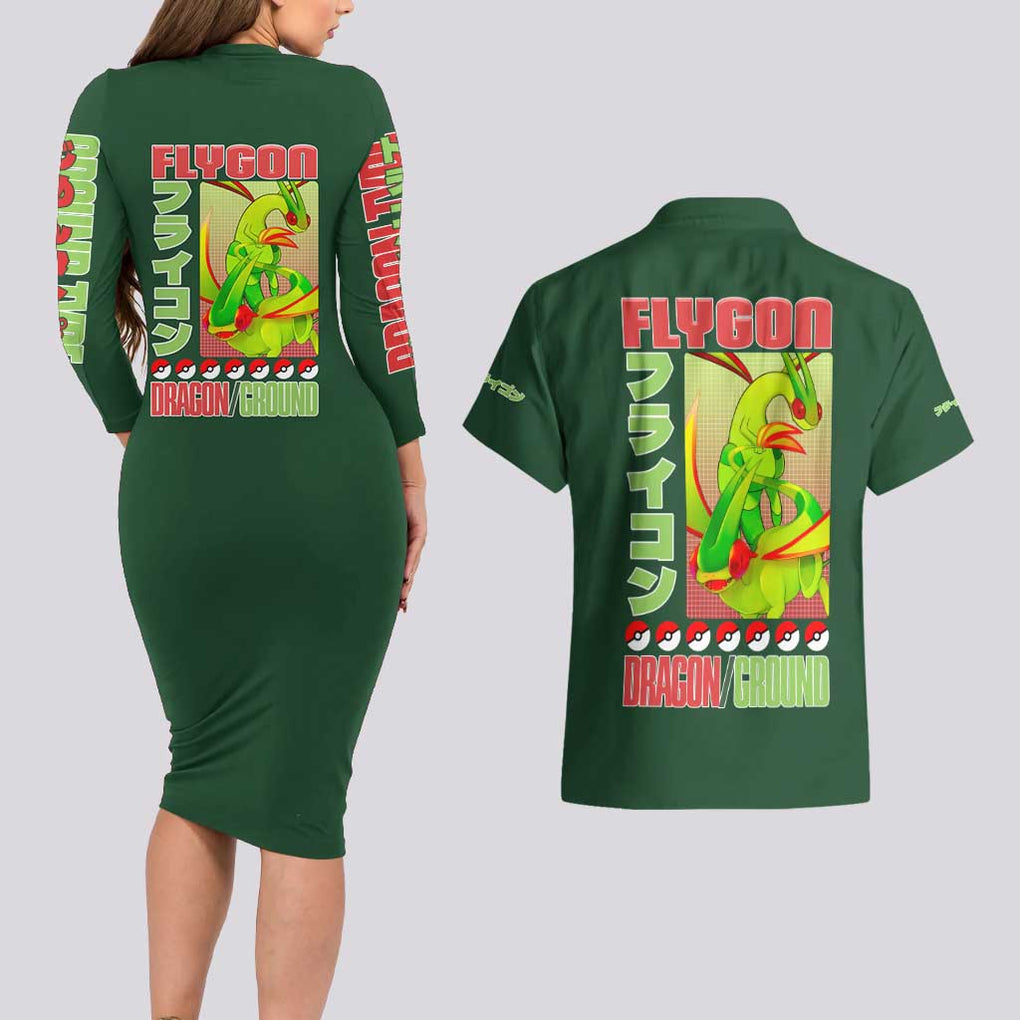 Flygon - Poke Couples Matching Long Sleeve Bodycon Dress and Hawaiian Shirt Anime Style