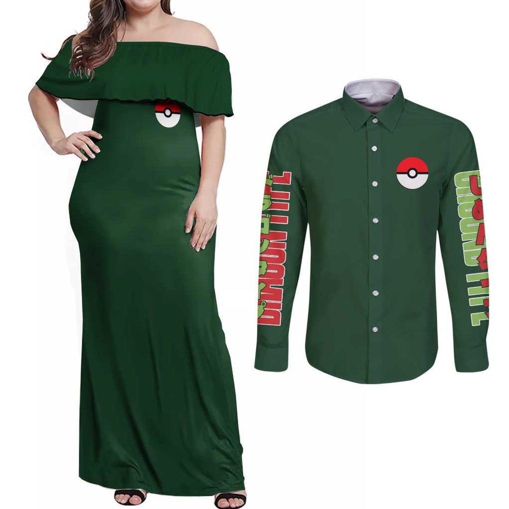 Flygon - Poke Couples Matching Off Shoulder Maxi Dress and Long Sleeve Button Shirt Anime Style
