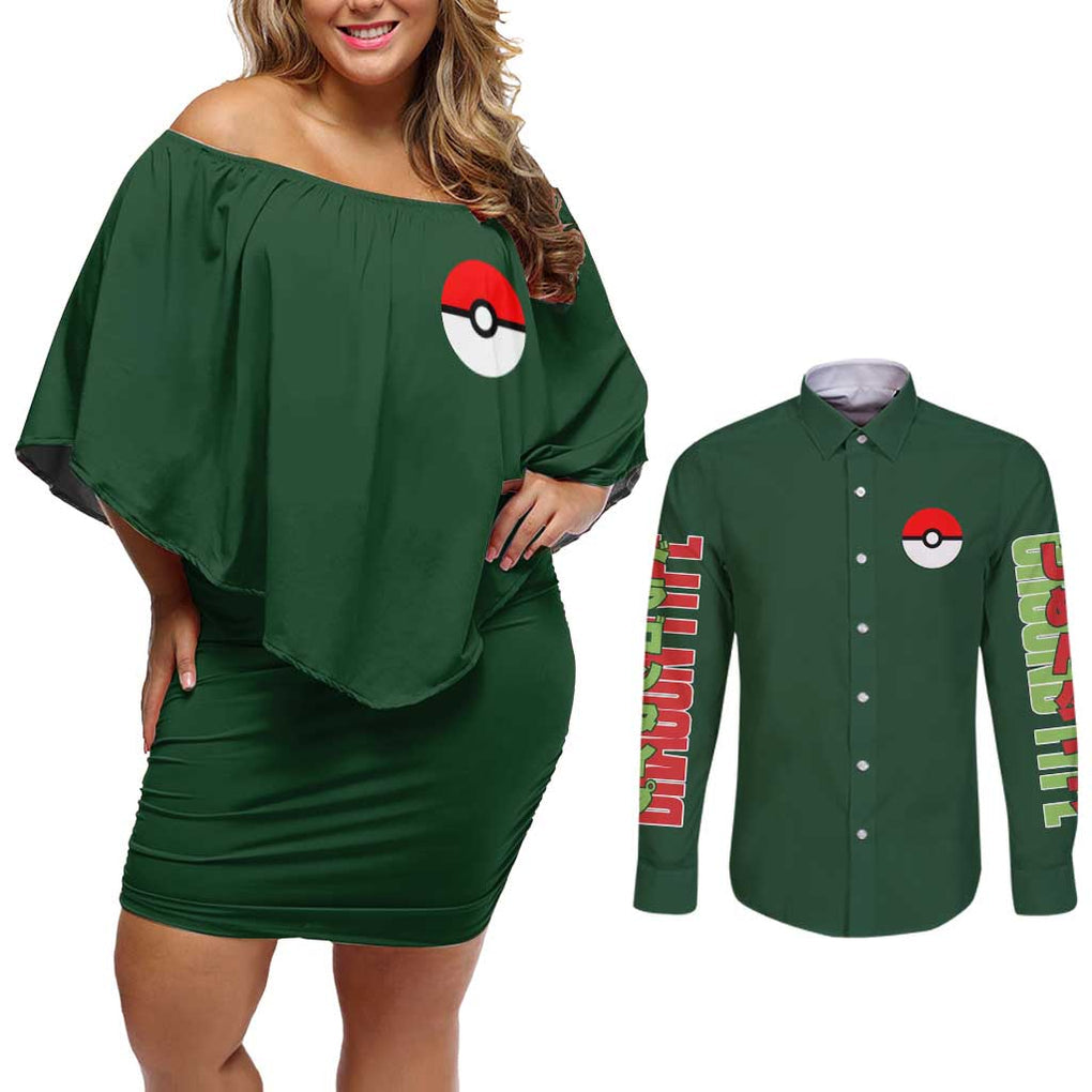 Flygon - Poke Couples Matching Off Shoulder Short Dress and Long Sleeve Button Shirt Anime Style