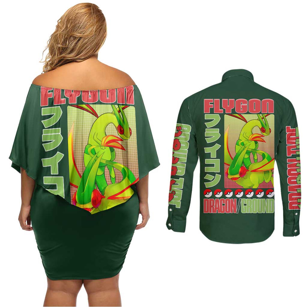 Flygon - Poke Couples Matching Off Shoulder Short Dress and Long Sleeve Button Shirt Anime Style
