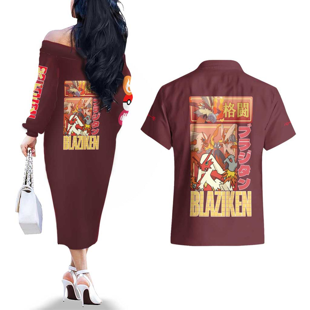 Blaziken - Poke Couples Matching Off The Shoulder Long Sleeve Dress and Hawaiian Shirt Anime Style
