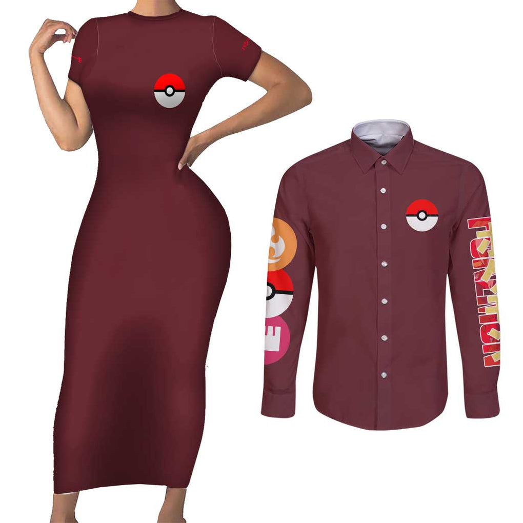 Blaziken - Poke Couples Matching Short Sleeve Bodycon Dress and Long Sleeve Button Shirt Anime Style
