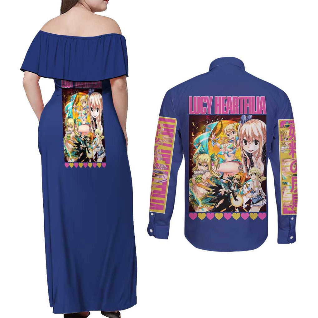 Lucy Heartfilia Fairy Tail Couples Matching Off Shoulder Maxi Dress and Long Sleeve Button Shirt Anime Style
