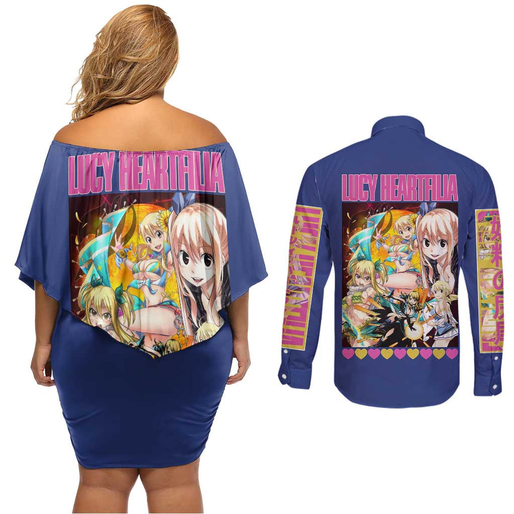 Lucy Heartfilia Fairy Tail Couples Matching Off Shoulder Short Dress and Long Sleeve Button Shirt Anime Style