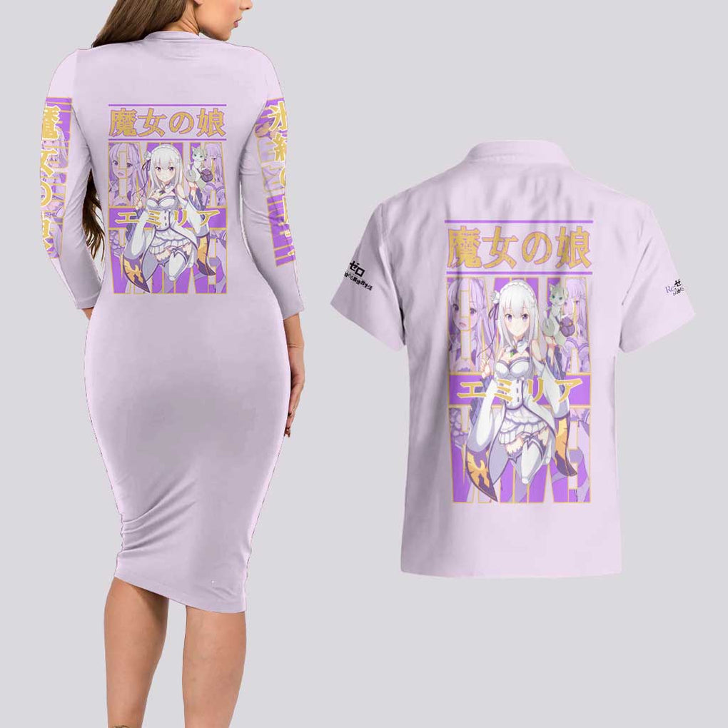 Emilia Re: Zero Couples Matching Long Sleeve Bodycon Dress and Hawaiian Shirt Anime Style