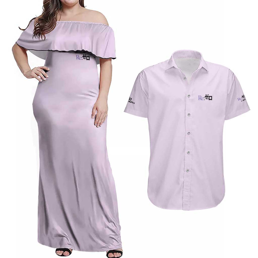 Emilia Re: Zero Couples Matching Off Shoulder Maxi Dress and Hawaiian Shirt Anime Style