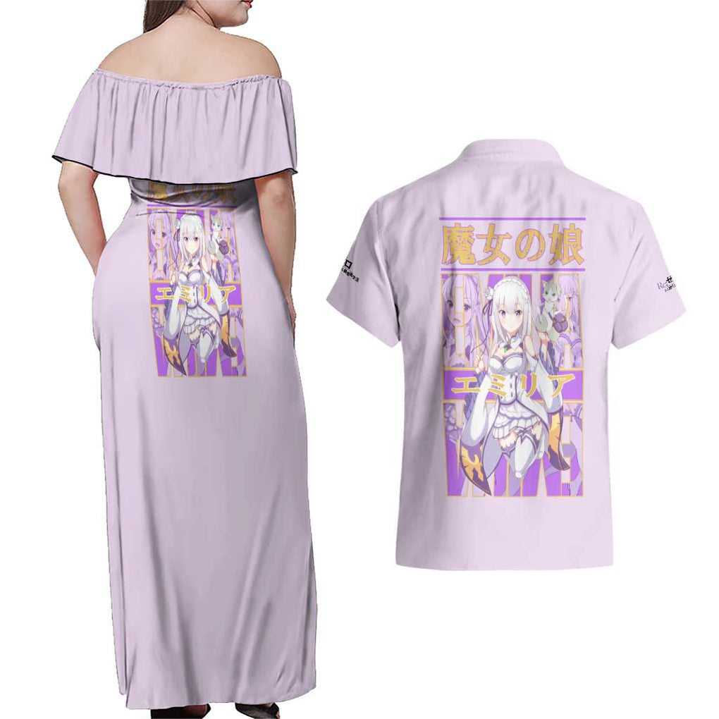 Emilia Re: Zero Couples Matching Off Shoulder Maxi Dress and Hawaiian Shirt Anime Style