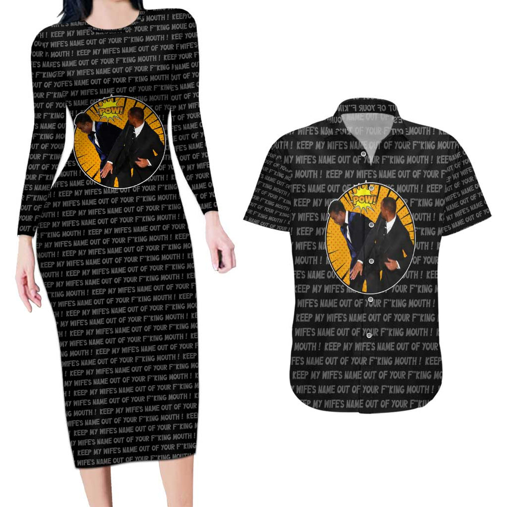Will Smith Slaps Chris Rock Meme Couples Matching Long Sleeve Bodycon Dress and Hawaiian Shirt Funny Meme Art Style