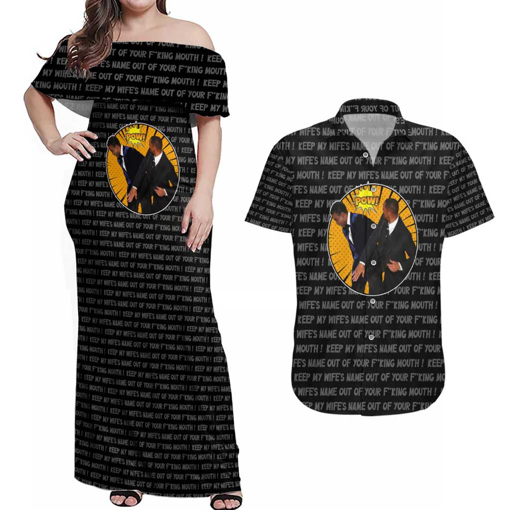 Will Smith Slaps Chris Rock Meme Couples Matching Off Shoulder Maxi Dress and Hawaiian Shirt Funny Meme Art Style