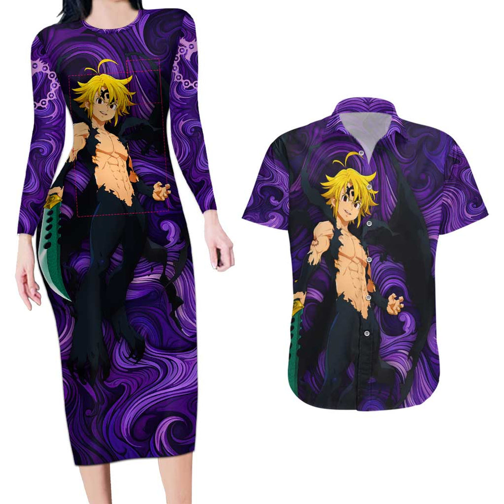 Trippy Meliodas Assault Mode Seven Deadly Sins Couples Matching Long Sleeve Bodycon Dress and Hawaiian Shirt Trippy Style