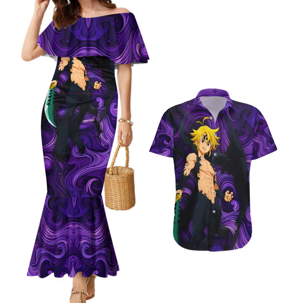 Trippy Meliodas Assault Mode Seven Deadly Sins Couples Matching Mermaid Dress and Hawaiian Shirt Trippy Style