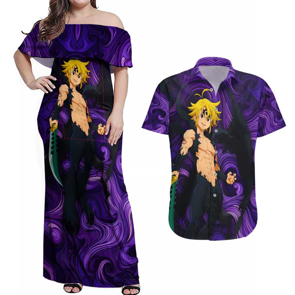 Trippy Meliodas Assault Mode Seven Deadly Sins Couples Matching Off Shoulder Maxi Dress and Hawaiian Shirt Trippy Style