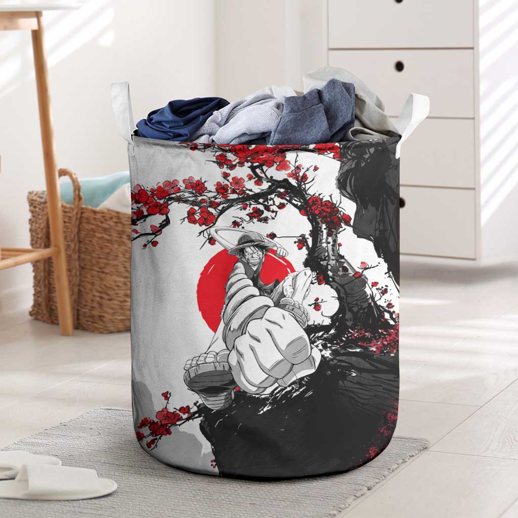Luffy Gear 3 One Piece Anime White and Red Japanese Art Style Laundry Basket with Cherry Blossom Tree and Straw Hat Pirates Jolly Roger - The Mazicc