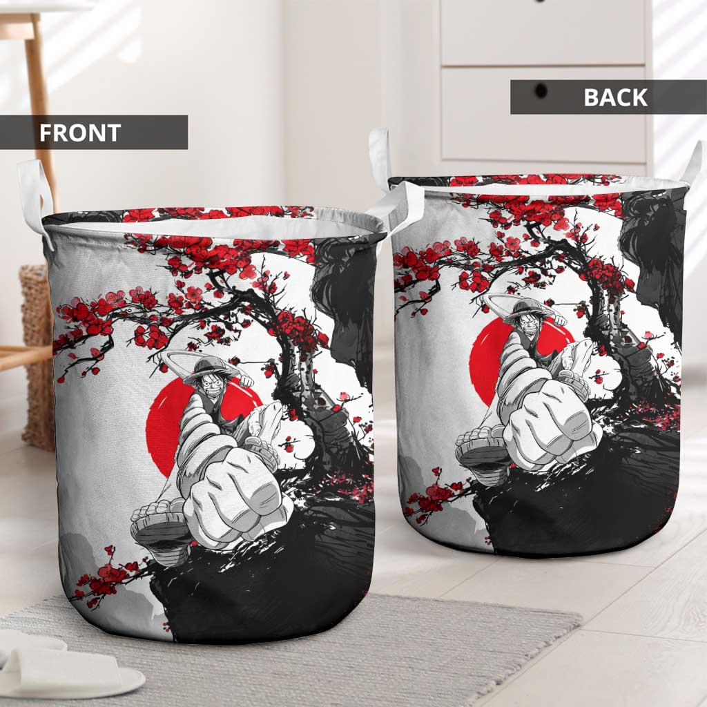 Luffy Gear 3 One Piece Anime White and Red Japanese Art Style Laundry Basket with Cherry Blossom Tree and Straw Hat Pirates Jolly Roger - The Mazicc