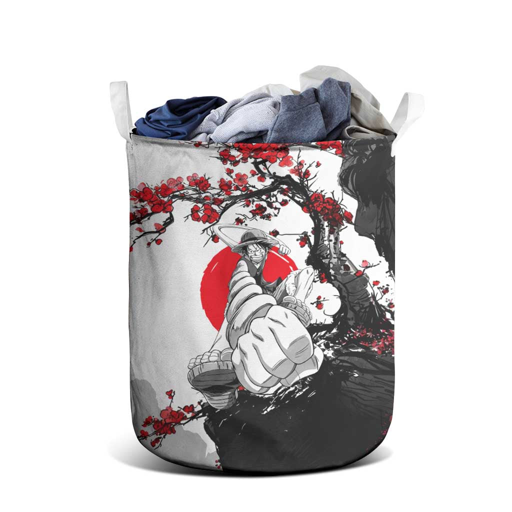Luffy Gear 3 One Piece Anime White and Red Japanese Art Style Laundry Basket with Cherry Blossom Tree and Straw Hat Pirates Jolly Roger - The Mazicc