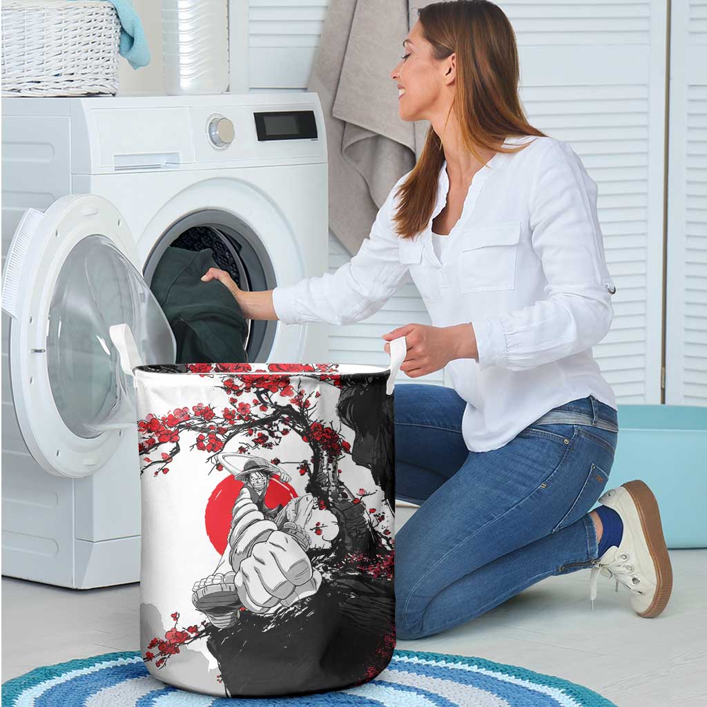 Luffy Gear 3 One Piece Anime White and Red Japanese Art Style Laundry Basket with Cherry Blossom Tree and Straw Hat Pirates Jolly Roger - The Mazicc