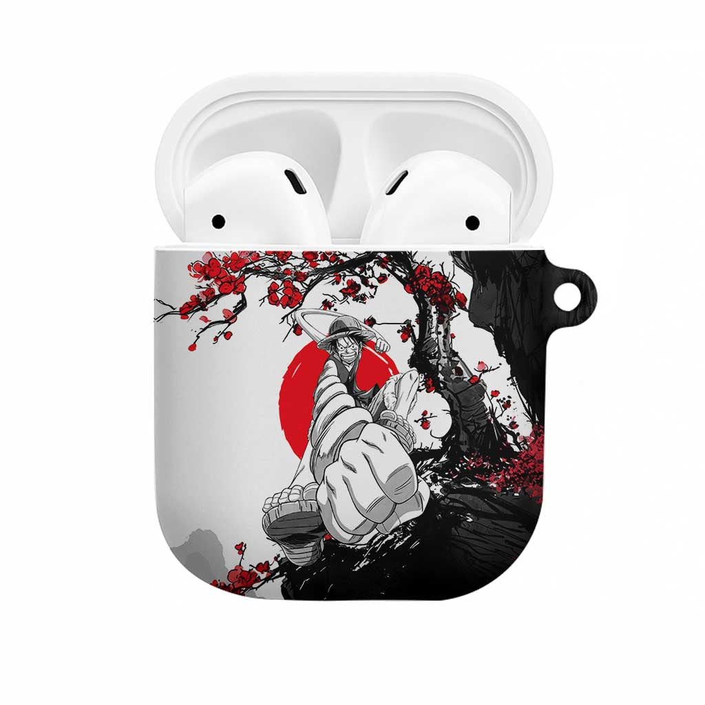 Luffy Gear 3 One Piece Anime White and Red Japanese Art Style AirPods Case with Cherry Blossom Tree and Straw Hat Pirates Jolly Roger - The Mazicc