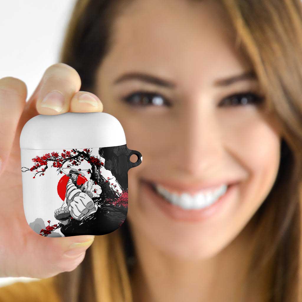 Luffy Gear 3 One Piece Anime White and Red Japanese Art Style AirPods Case with Cherry Blossom Tree and Straw Hat Pirates Jolly Roger - The Mazicc